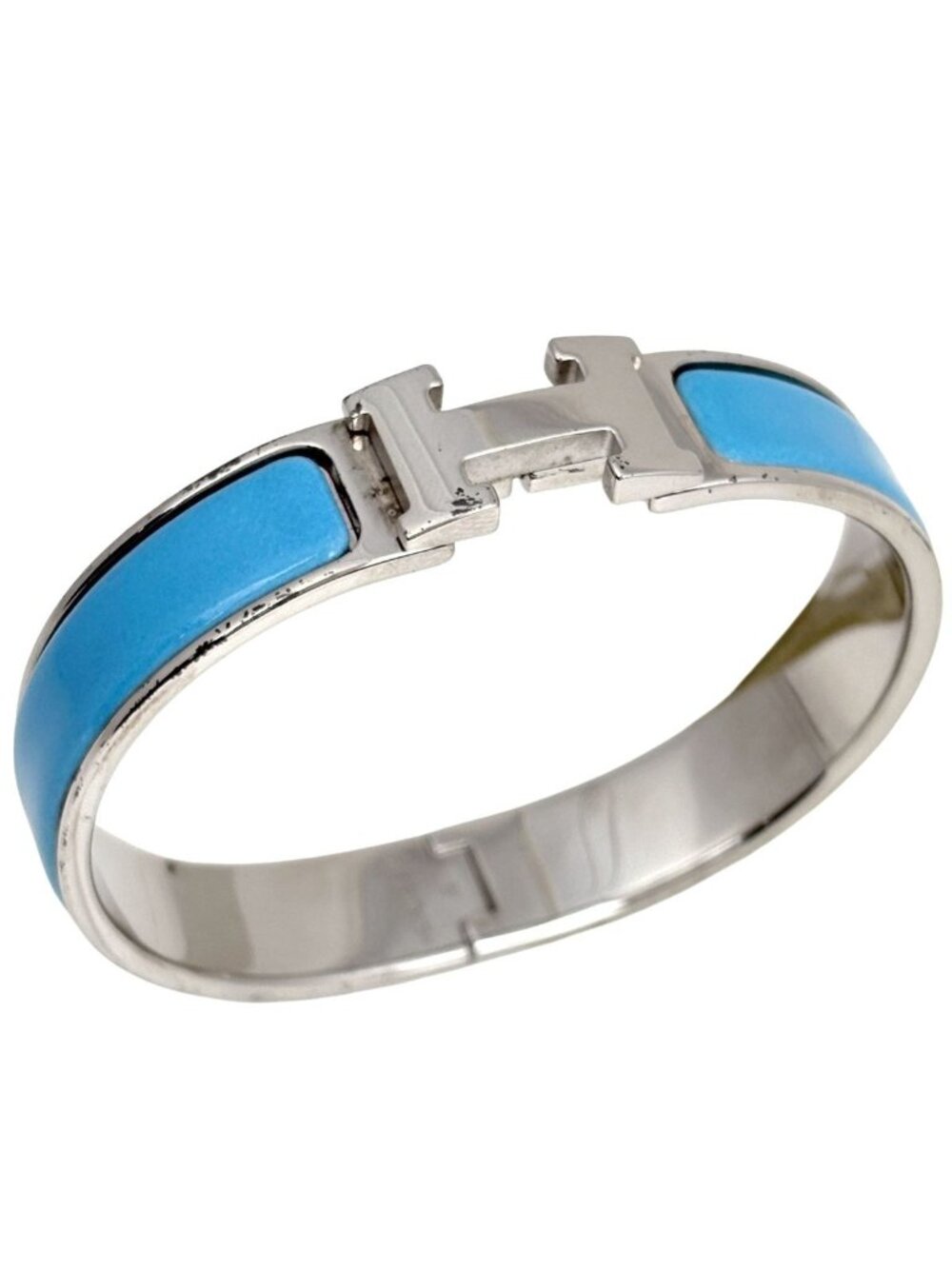 Hermes Clic Enamel Bracelet Clac Bangle Silver Plated Light Blue